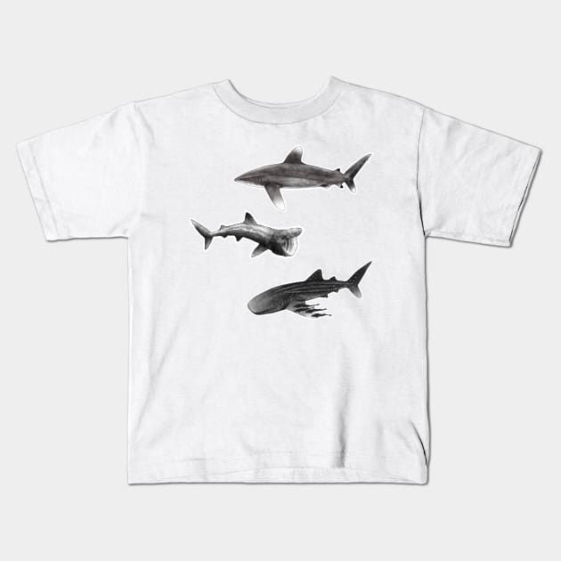 Sharks : Oceanic Whitetip, Basking Shark, Whale Shark Kids T-Shirt by MoanaMatron